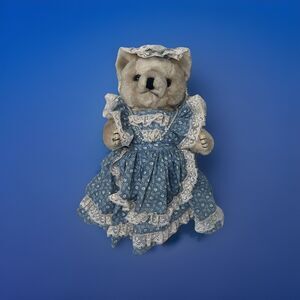 Country Teddy Bear Plush Dress Bonnet Lace Jewelry Homemade VTG Blue 90s